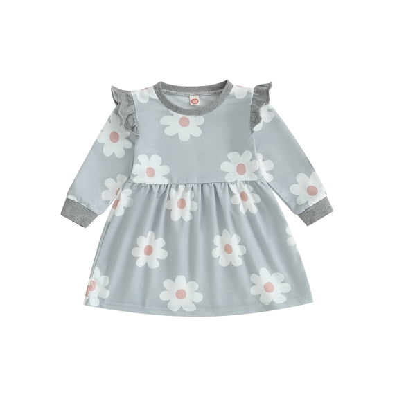 CIYCuIT Kids Baby Girl Casual Dress Flower Print Ruffle Long Sleeve Crew Neck A-line Dress Toddler Loose Princess Dress for Daily 6M 12M 18M 24M 3T 4T