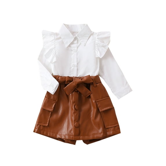 CIYCuIT Little Girls Skirts Set Solid Color Long Sleeve Lapel Button Shirt Tops + PU Leather Shorts with Belt 2Pcs Outfits Toddler Kids Daily Clothes 1T 2T 3T 4T 5T 6T