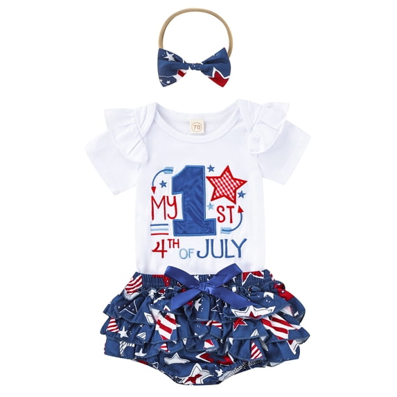 CIYCuIT My First 4th of July Baby Girl Outfits Letter Print Romper + Shorts + Headband Newborn Clothes Set