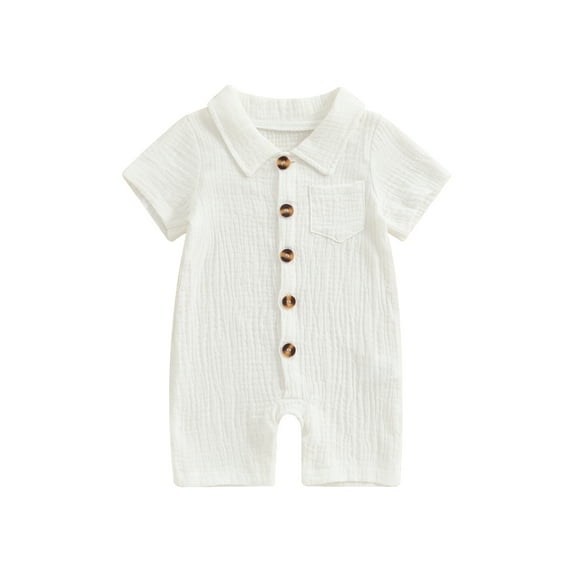 CIYCuIT Newborn Baby Boys Summer Jumpsuit Short Sleeve Solid Color Button Lapel One Piece Rompers 3M 6M 12M 18M 24M Infant Toddler Cotton Linen Playsuit for Casual Daily