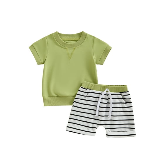 CIYCuIT Toddler Baby Boys Casual Shorts Sets Short Sleeve Solid Color T-shirt with Striped Shorts 2Pcs 6M 12M 18M 24M 3T Infant Summer Daily Outfits for Vacation