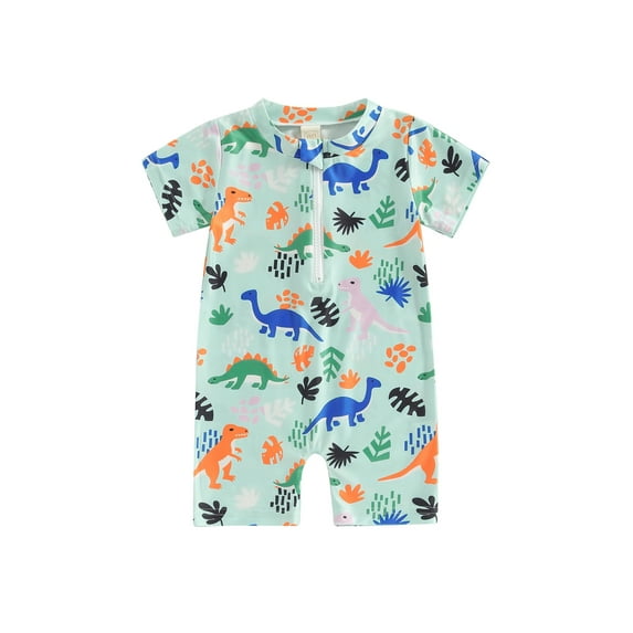 CIYCuIT Toddler Baby Boys Rash Guard Swimsuit Rompers Dinosaur Print Short Sleeve Zipper One Piece Swimwear 6M 12M 18M 24M 3T 4T Kids Casual Summer Bathing Suit