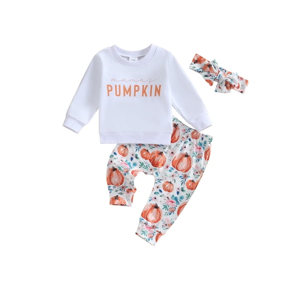 CIYCuIT Toddler Baby Girl Thanksgiving 3Pcs Outfits Long Sleeve Letter Print Sweatshirt + Pumpkin Flower Print Pants + Headband for Infant Clothes 0-3 Years