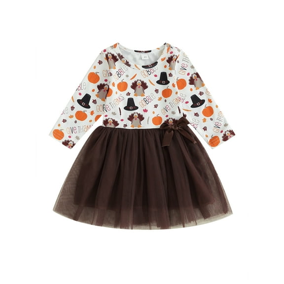 CIYCuIT Toddler Baby Girl Thanksgiving Dress Pumpkin Turkey Print Long Sleeve Tulle Patchwork A-line Dress Infant Casual Cute Clothes 6M 12M 18M 24M 3T