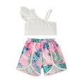 thumbnail image 1 of CIYCuIT Toddler Baby Girls 2Pcs Summer Outfits Fly Sleeve Off One Shoulder Tops + Leaf Print Shorts 6M 12M 18M 24M 3T 4T Kids Casual Short Pants Sets Beachwear, 1 of 8