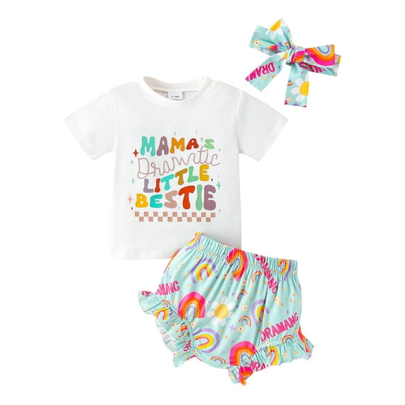 CIYCuIT Toddler Baby Girls Casual Shorts Sets Short Sleeve Letter Print T-shirt + Flower Rainbow Print Shorts + Hairband 3Pcs Infant Cute Summer Outfits 3M-3T