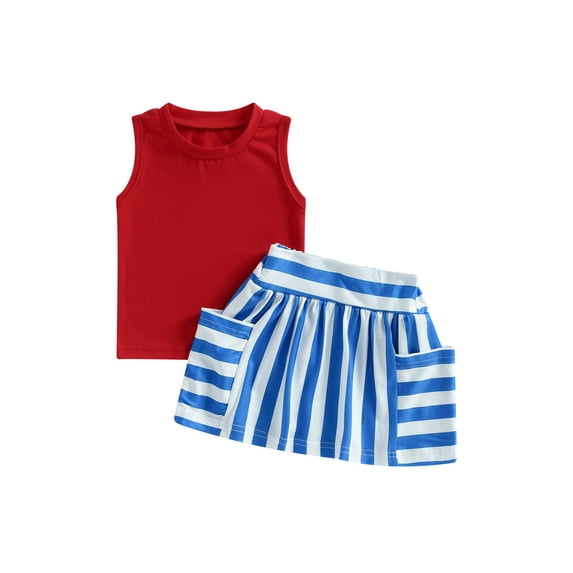 CIYCuIT Toddler Baby Girls Independence Day Outfits Sleeveless Tank Tops + Striped Skirt with Pockets 2Pcs Outfits 6M-4T Kids Casual 4th of July Skirts Sets