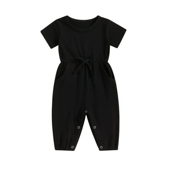 CIYCuIT Toddler Baby Girls Summer Jumpsuit Short Sleeve Crew Neck Tie Up Waist One Piece Rompers Infant Cute Solid Color Playsuit for Casual Daily 3M 6M 12M 18M 24M 3T