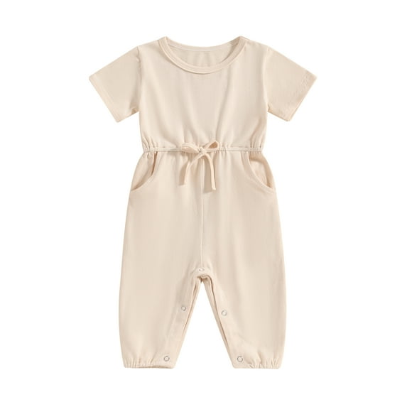 CIYCuIT Toddler Baby Girls Summer Jumpsuit Short Sleeve Crew Neck Tie Up Waist One Piece Rompers Infant Cute Solid Color Playsuit for Casual Daily 3M 6M 12M 18M 24M 3T