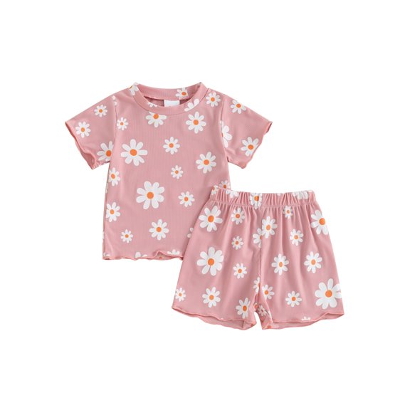 CIYCuIT Toddler Baby Girls Summer Outfits Floral Print Short Sleeve T-shirt Tops with Elastic Waist Shorts 2Pcs Infant Casual Cute Short Pants Sets 6M 12M 18M 24M 3T 4T