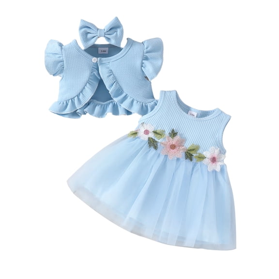 CIYCuIT Toddler Baby Girls Sweet Summer Outfits Sleeveless Floral Applique Tulle A-line Dress + Ruffle Trim Coat + Headband 3M-3T Infant Casual 3Pcs Clothes Sets