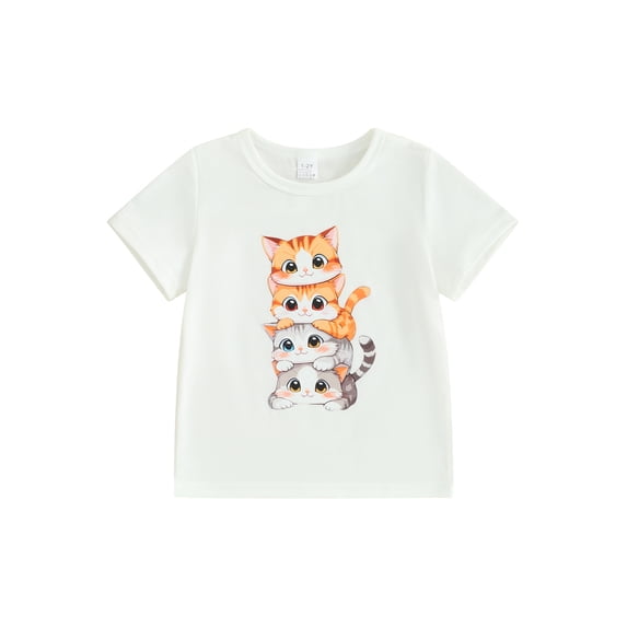 CIYCuIT Toddler Kids Boys Girls Summer T-shirt 1T 2T 3T 4T 5T 6T 7T 8T Cartoon Cat Print Short Sleeve Pullovers Little Boys Girls Crew Neck Graphic Tops for Casual Daily