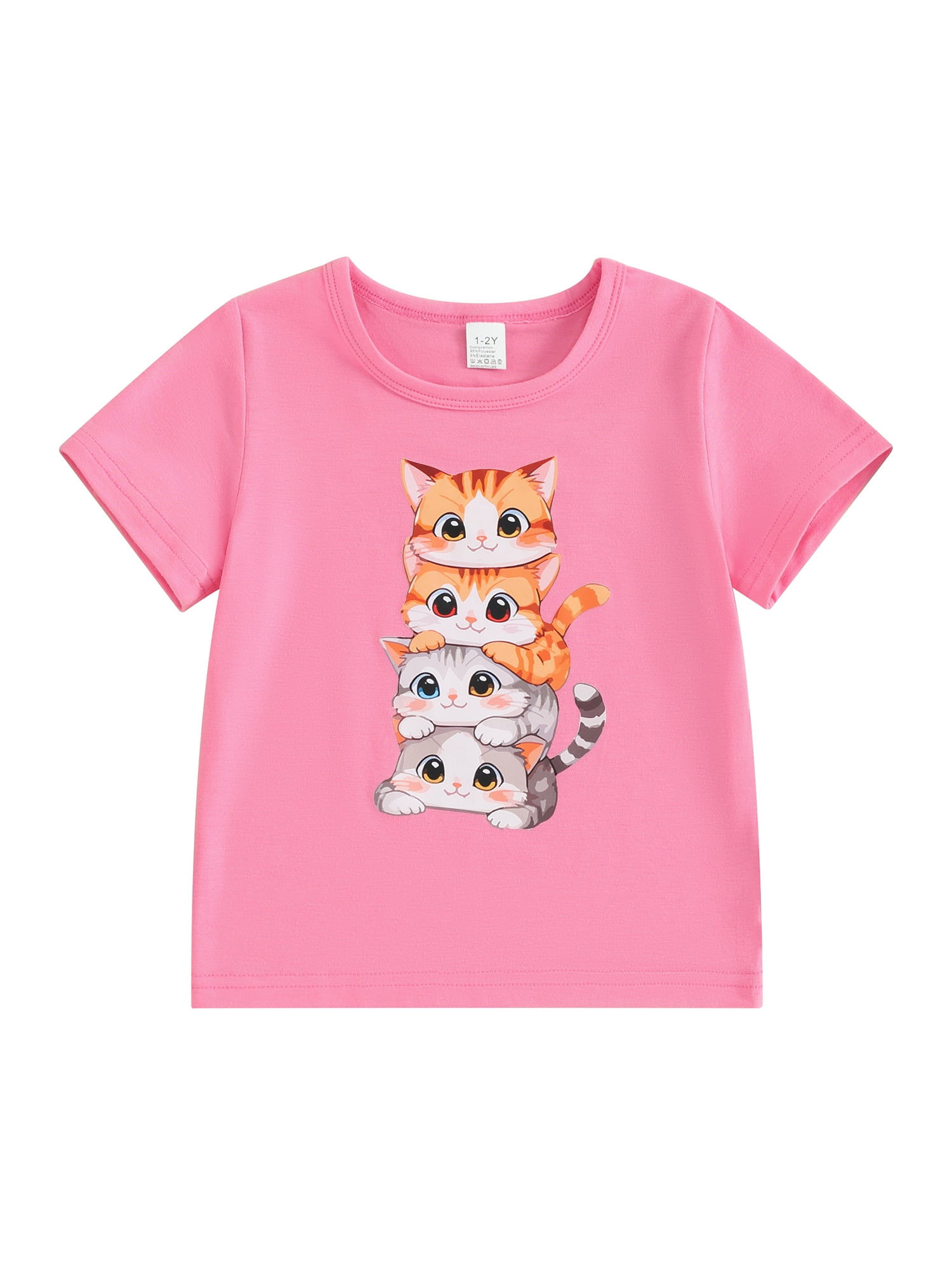 CIYCuIT Toddler Kids Boys Girls Summer T-shirt 1T 2T 3T 4T 5T 6T 7T 8T Cartoon Cat Print Short Sleeve Pullovers Little Boys Girls Crew Neck Graphic Tops for Casual Daily