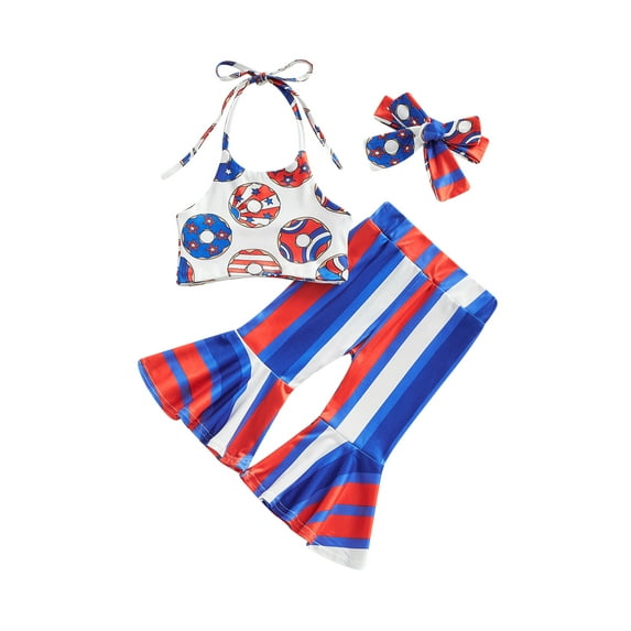CIYCuIT Toddler Little Girls 4th of July Outfits Sleeveless Flower/Donut Print Halter Neck Tank Tops + Stripe Flare Pants + Headband 3Pcs 6M-5T Kids Summer Cute Clothes
