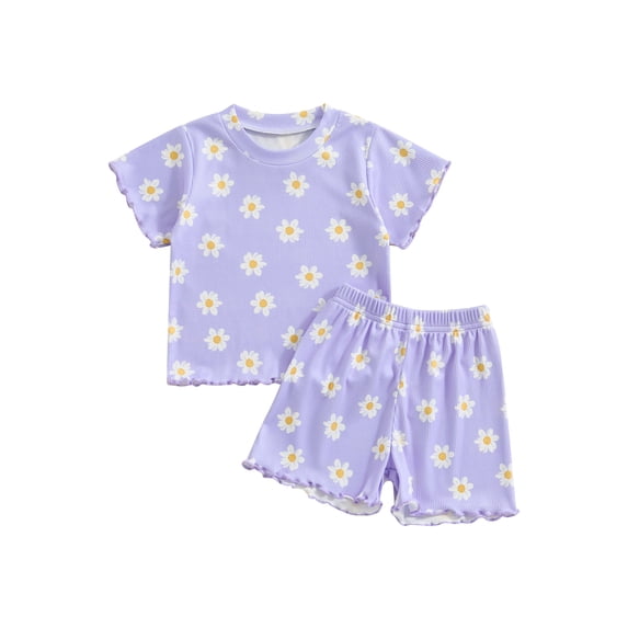 CIYCuIT Toddler Little Girls Cute Shorts Sets Flower Print Short Sleeve T-shirt + Elastic Waist Shorts 2Pcs 6M 12M 18M 24M 3T 4T Kids Casual Short Pants Sets