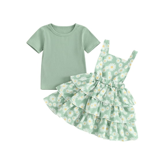 CIYCuIT Toddler Little Girls Summer 2Pcs Outfits Short Sleeve Ribbed Tops + Daisy Print Suspender Skirt 18M-6T Kids Cute Fashion Clothes Sets for Casual Daily