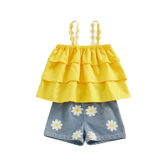 CIYCuIT Toddler Little Girls Summer Outfits Yellow Sleeveless Tiered Ruffle Camisole + Daisy Print Denim Shorts 2Pcs 6M-4T Kids Cute Casual Shorts Sets