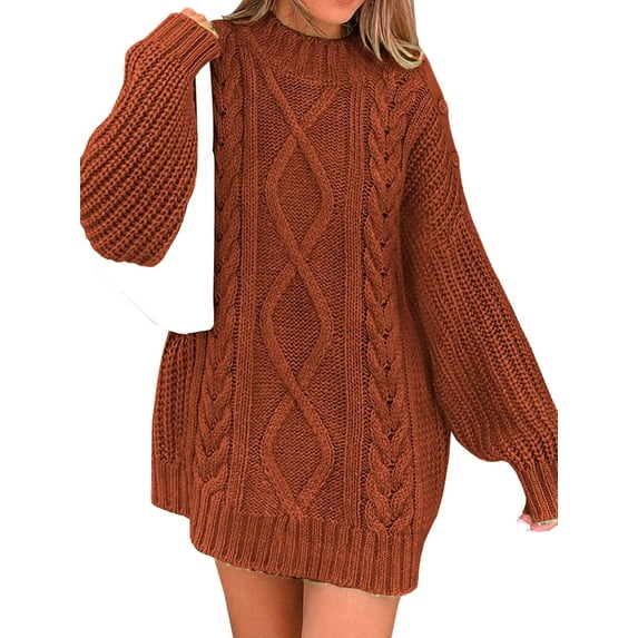 CIYCuIT Women's Oversized Mini Sweater Dress Solid Color Long Sleeve Crew Neck Pullover Knitwear Casual Chunky Knit Dress for Streetwear