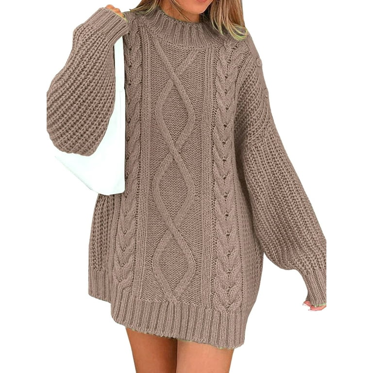 Ciycuit Women s Oversized Mini Sweater Dress Solid Color Long Sleeve Crew Neck Pullover Knitwear Casual Chunky Knit Dress for Streetwear Size Medium