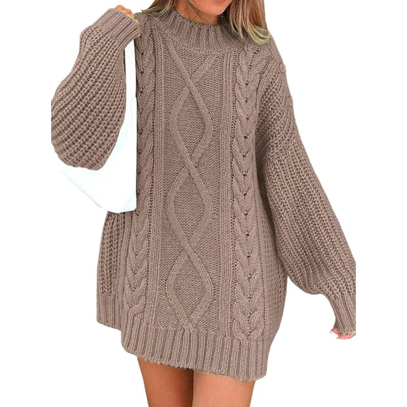 CIYCuIT Women's Oversized Mini Sweater Dress Solid Color Long Sleeve Crew Neck Pullover Knitwear Casual Chunky Knit Dress for Streetwear