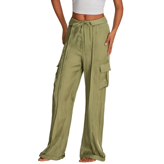 CIYCuIT Women's Solid Color Trousers Zipper Drawstring Loose Wide Leg Long Pants Ladies Casual Soft Sweatpants Bottoms for Daily Vacation