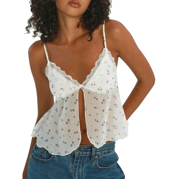 CIYCuIT Women's Summer Camisole Sleeveless Solid Color/Floral Print Spaghetti Straps Vest Ladies Lace Patchwork V-neck Tank Tops for Party Club Streetwear