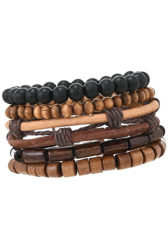 5Pcs Multilayer Coconut Shell Wood Bead Bracelet Elastic Cord Adjustable Stretch Wrist Jewelry Natural Retro Design