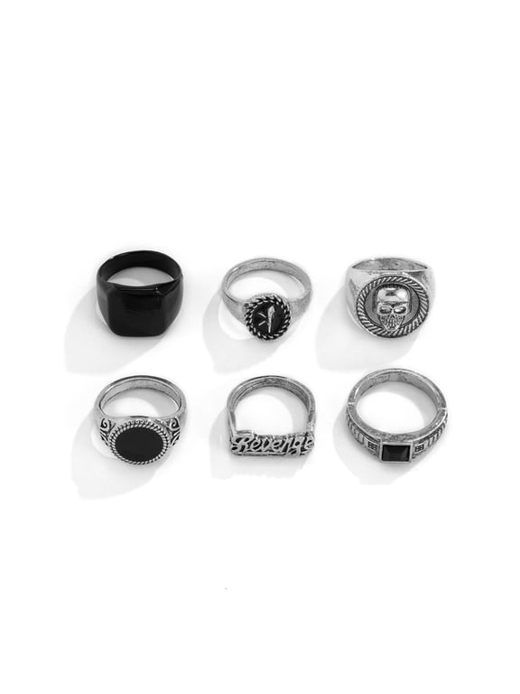 6Pcs Vintage Black Stone Rings for Men Gothic Skeleton Portrait Couple Emo Y2k Fashion Jewelry Ring Set for Women Men