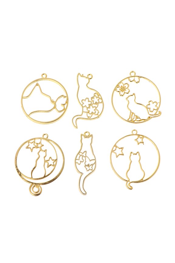 6x Cute Necklace Pendant Gold Kitten for Cat Hollow Metal Frame UV Epoxy Resin T