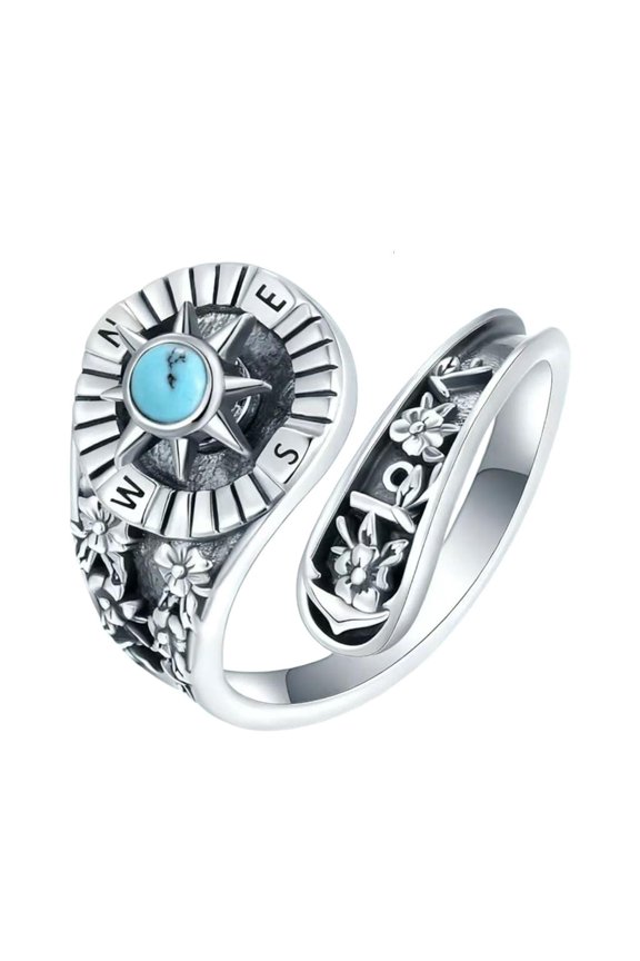 Adjustable Ring Adorned With Natural Turquoise And Exploration Theme Accessory