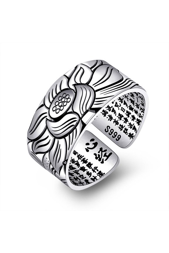 Amulet Buddha Lotus Buddhist Open Rings Jewelry Buddhistic Heart Sutra Rings