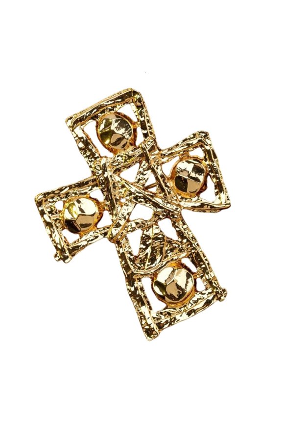 Delicate French Crosses Heart Brooch Antique Gold Tone Metal Accessory For Women Clothing Decoration