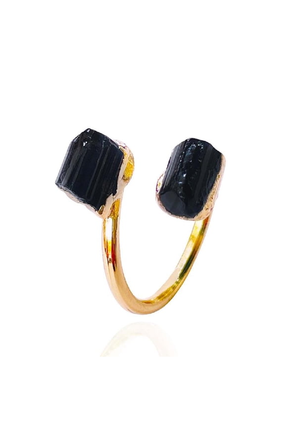 Gold-color Plated Raw Tourmaline Finger Ring Jewelry Black Tourmaline Resizable