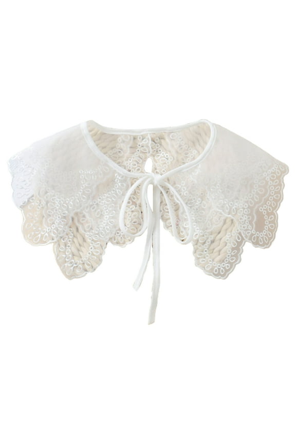 Korean Style Women Organza Faux Collar Shawl Wrap Elegant Lace-Up Bowknot Decorative Necklace Sheer White Embroidery Mini Poncho Capelet