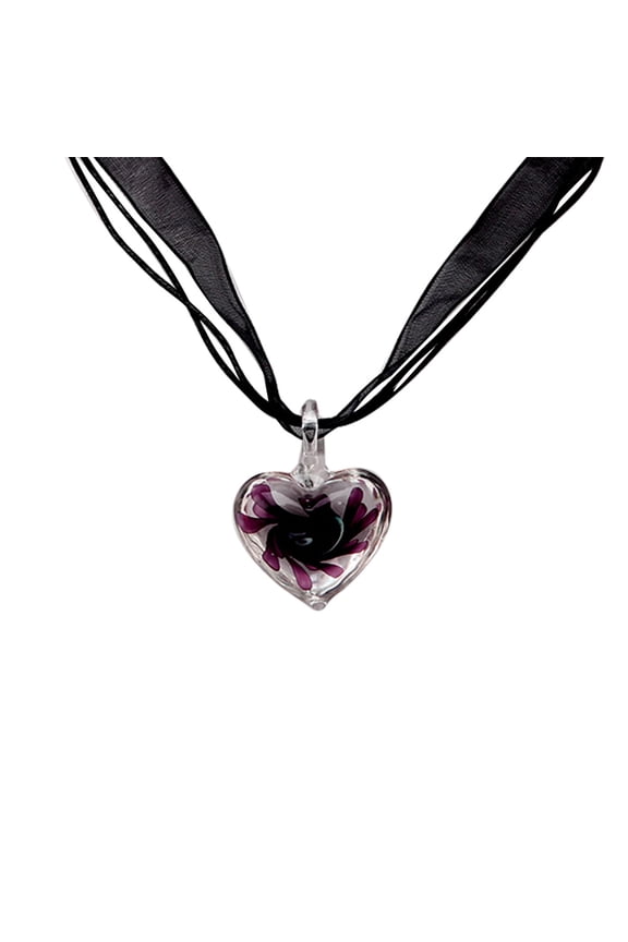 Murano Glass Pendant Necklace Heart Flowers Ribbon Chain