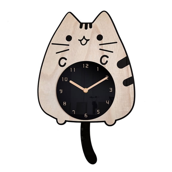 CIYISON Mute Wooden Clock Cartoon Wagging Tail Cat Home Bedroom Living-Room Office Decors Creative- Wall Clock Battery Operated