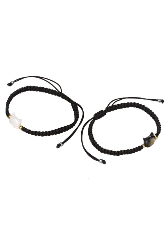 Natural Moonstone Obsidian Bracelet Unique Design Cat Charm Bangle Handwoven