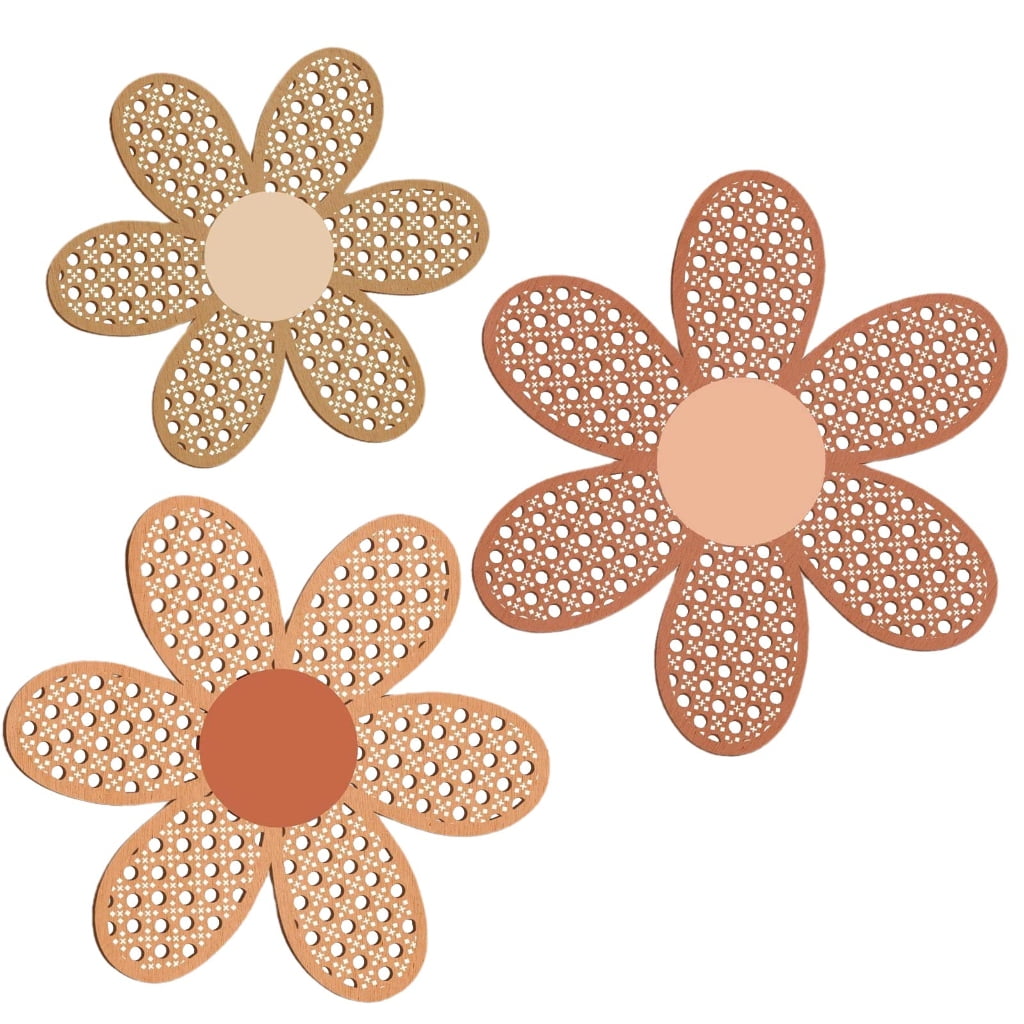 CIYISON Rattan Flower Wall Ornament Set of 3Pcs Wood Flower Bohemian Wall Hanging Sign Plaques Vitnage Farmhouse Home Decoration