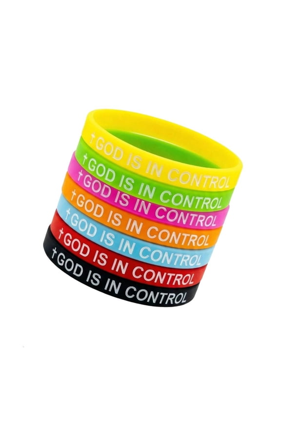 Set of 7pcs Rubber Bracelet Bangle With GOD IS in Control Positive Messages Design For Team Bonding