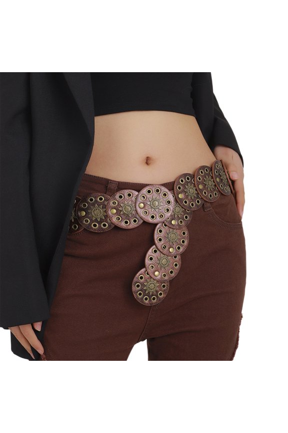 Western PU Belt for Women Exaggerated Round Disc Wide Cowgirl Belt for Jeans Pants Girl 2000s Decorative Belt Waistband