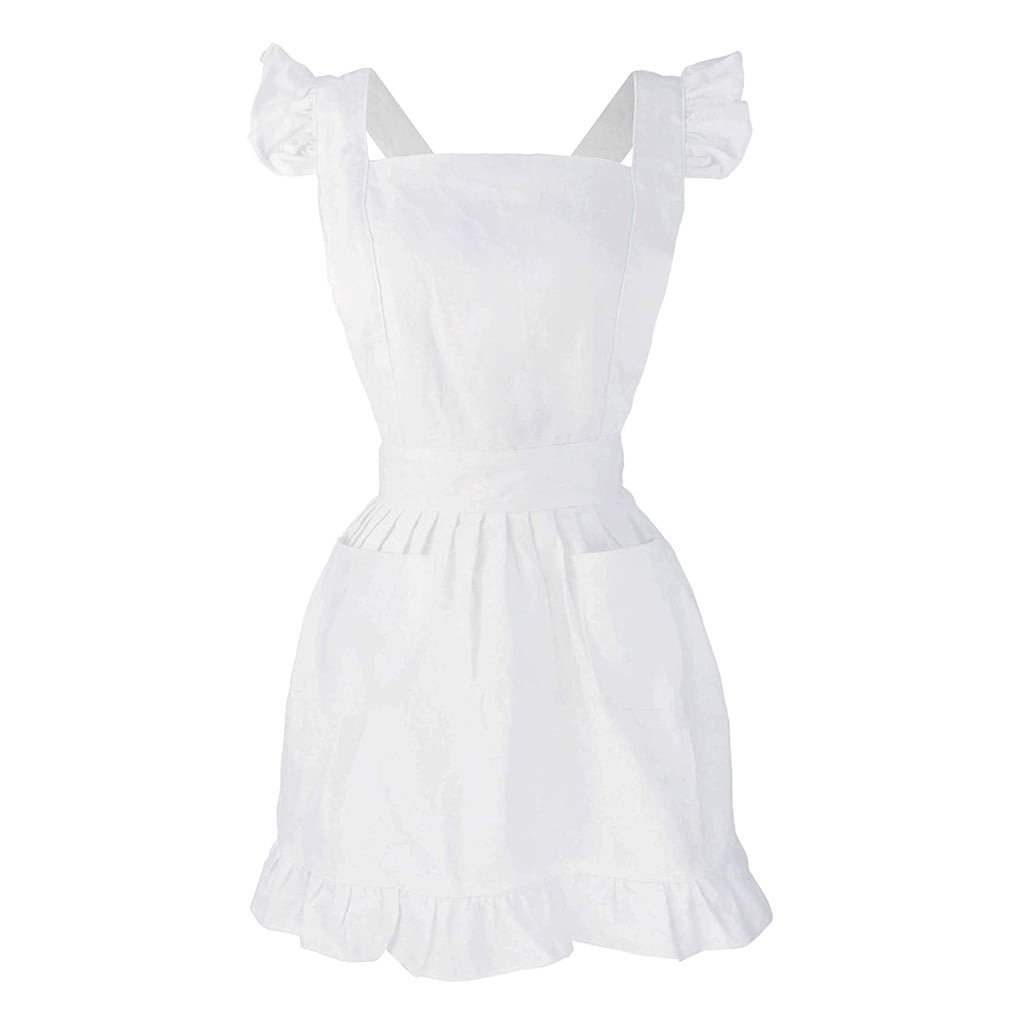 CIYISON Womens Girls Ruffles Outline Retro White Apron with Pockets Adjustable Victorian Bib Maid Cosplay Kitchen Baking Costume