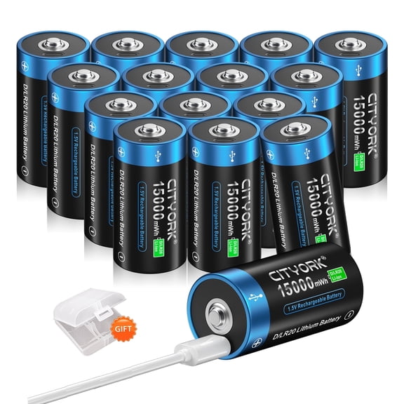 CIYTORK 16 Pack 15000mWh 1.5V USB Lithium High Capacity D Size Rechargeable Batteries with 8 Pack Battery Case
