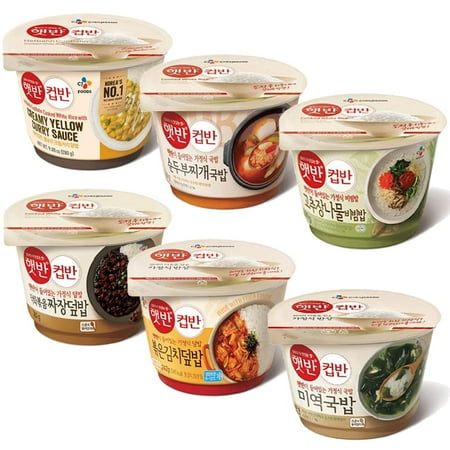 CJ Cupbahn Microwavable Rice Bowls Variety Pack Assorted Set Stir-Fried Kimchi , Soft Tofu Sew , Seaweed Soup , Yellow Cream Curry , Vegetable Bibimbap , Black Bean Sauce 6 Pack