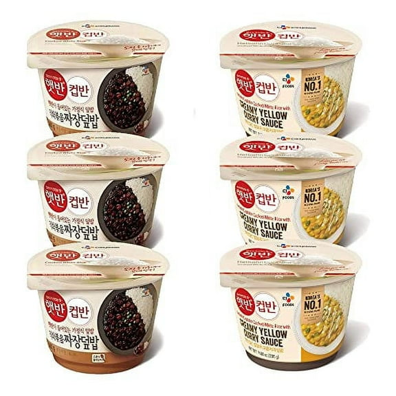 CJ Foods Korean CJ Hetbahn Cupbahn Microwavable Cooked Rice with Soup (Black Bean Sauce 3 packs) + (Yellow Curry Sauce 3 packs) Total 6 packs