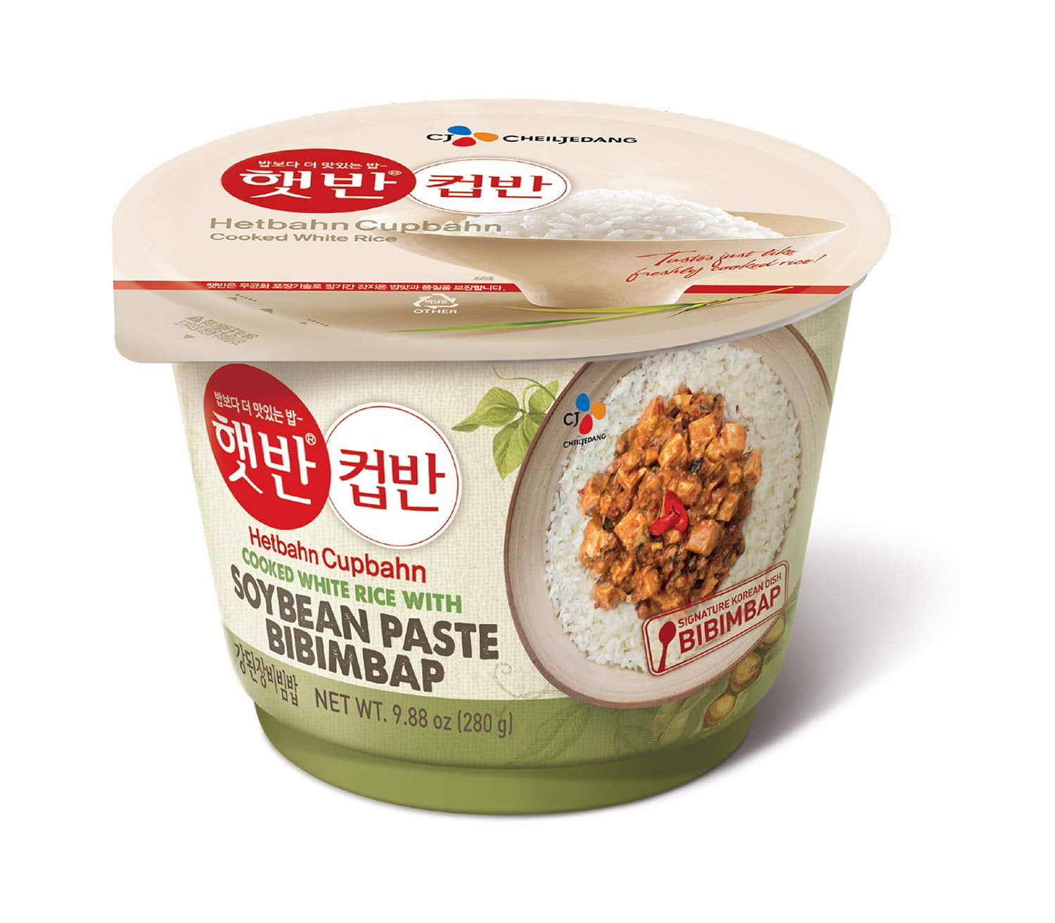 CJ Seasoned Soy Bean Paste With Cooked White Rice, 9.8-oz, Hetbahn, Cupbahn, Bibimbap, 1 count (Pack of 18)