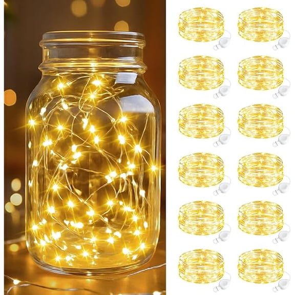 CJB 12 Pack Fairy Lights Battery Operated, 7FT 20 LED Mini String Lights Waterproof Silver Wire for Mason Jars Centerpiece Table Crafts Bedroom Christmas Decoration, Warm White