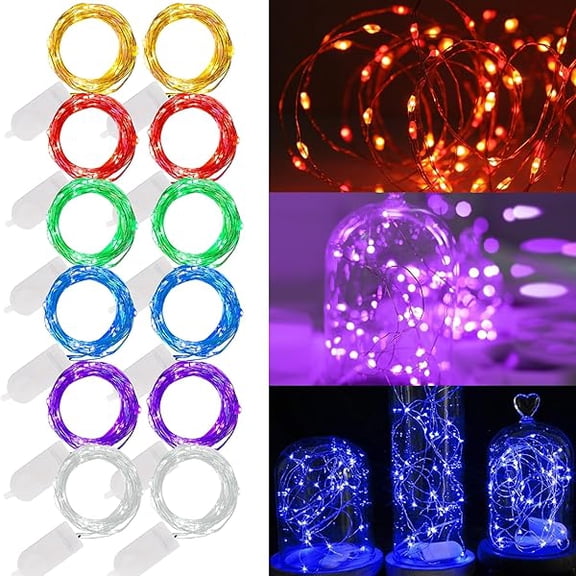 CJB 12 Pack Fairy Lights Battery Operated (Included), 7 ft 20 LED Mini String Lights, Waterproof Silver Wire Firefly Starry Lights for DIY Wedding Christmas Party Mason Jars Decor, Multicolor