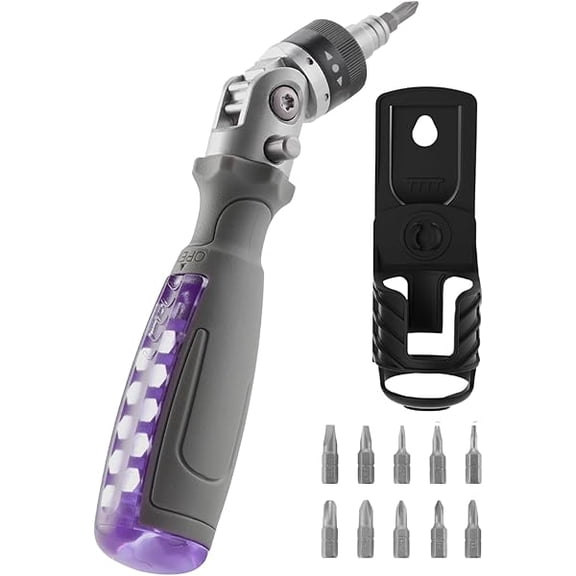 CJB 12 in 1 Ratcheting Screwdriver, Multi-function, Magnetic, with Rotatable Batch Head and Plastic Support Bracket (Purple)