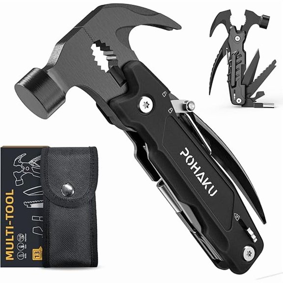 CJB 14-in-1 Multitool Hammer, Multitool with DIY Stickers, Safety Lock, Screwdriver Bits Set and Durable Nylon Sheath, Multi Tool for Outdoor, Ideal Gifts for Father, Husband, Boyfriend