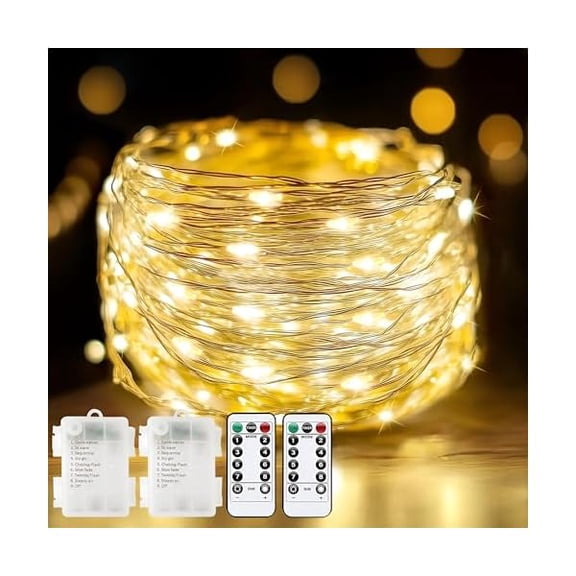 CJB 2 Pack 33Ft 100 LED Fairy Lights Battery Operated String Lights with Remote Timer, LED Twinkle Lights for Bedroom, Party, Wedding, Centerpiece, Christmas Tree (Warm White)